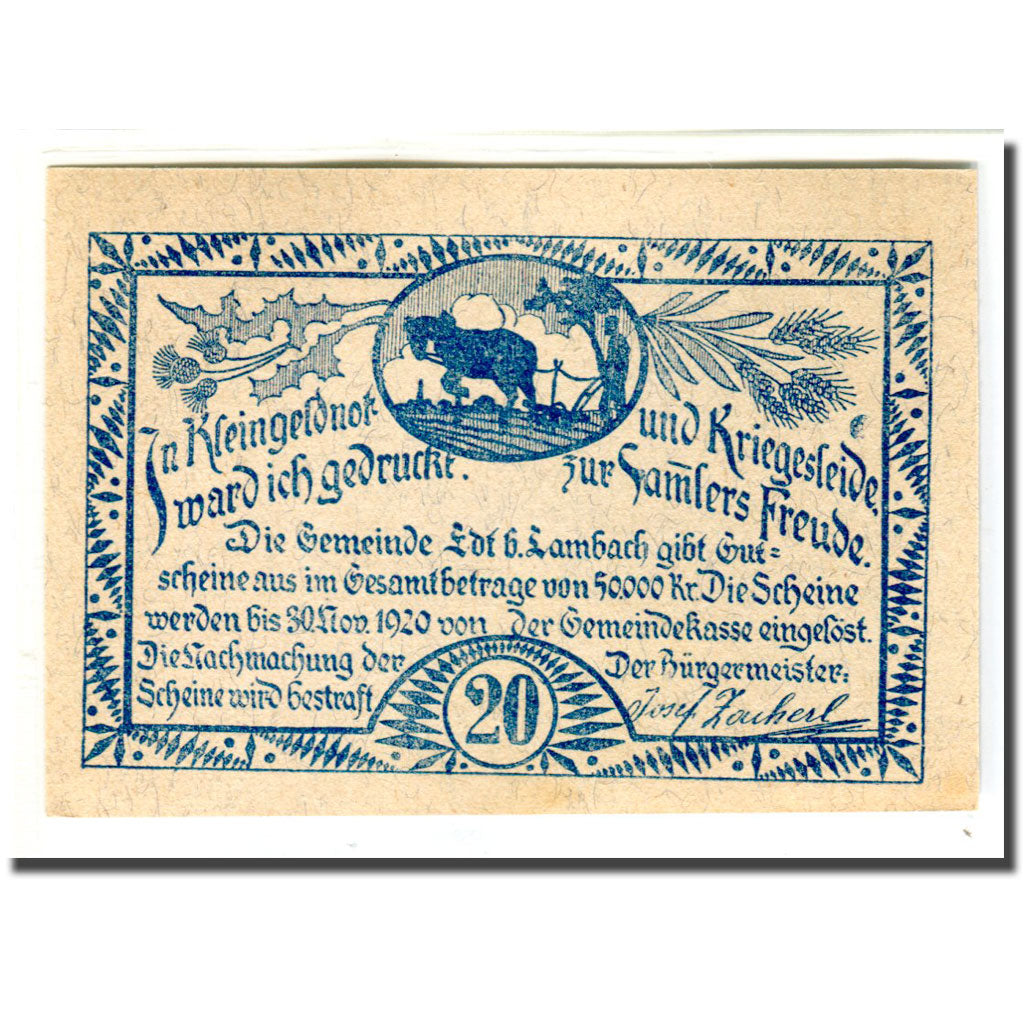 Nota, Áustria, EDT Bei Lambach O.Ö. Gemeinde, 20 Heller, Texte, 1920, UNC(63)