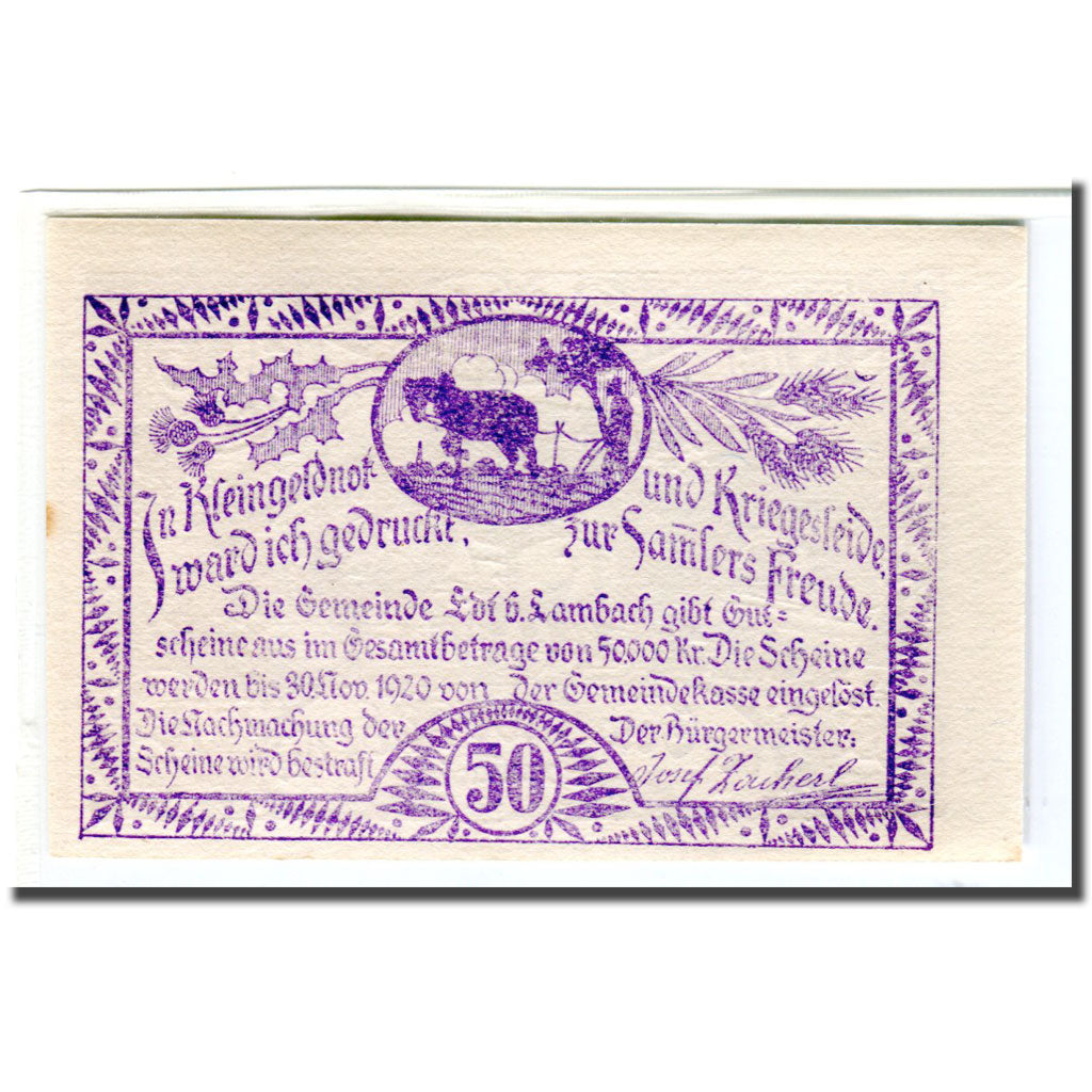 Nota, Áustria, EDT Bei Lambach O.Ö. Gemeinde, 50 Heller, texte 1, 1920