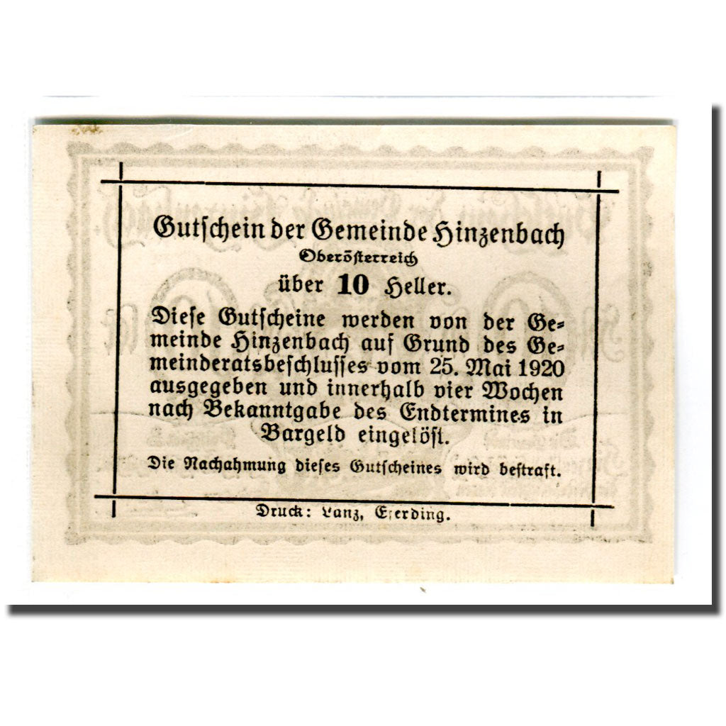 Banknot, Austria, Hinzenbach O.Ö. Gemeinde, 10 Heller, Texte, 1920, 1920-05-25