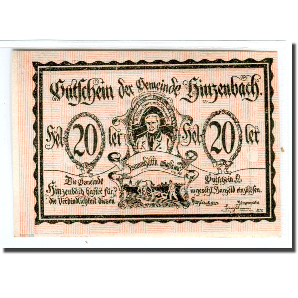 Banknot, Austria, Hinzenbach O.Ö. Gemeinde, 20 Heller, texte 1, 1920