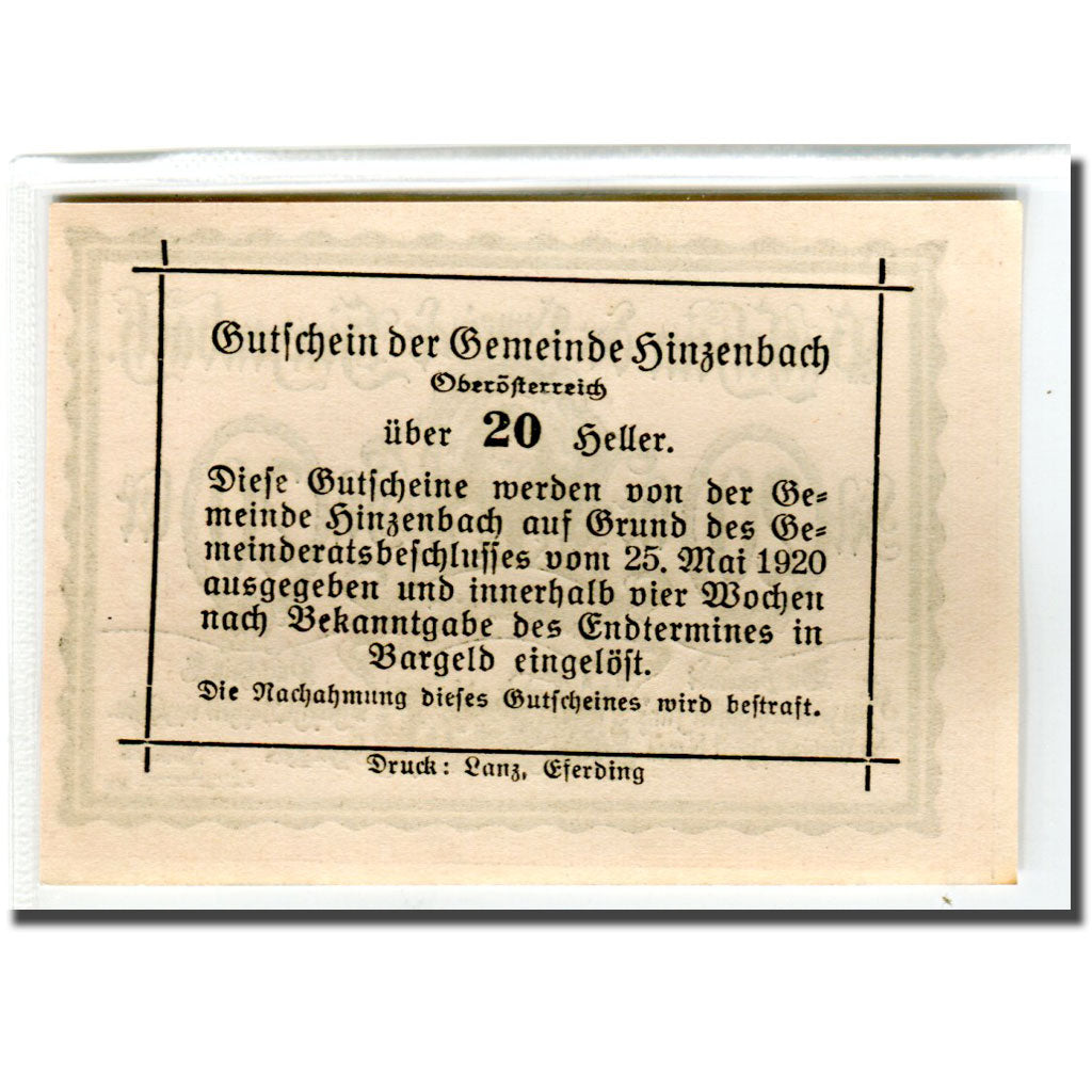 Banknot, Austria, Hinzenbach O.Ö. Gemeinde, 20 Heller, texte 1, 1920