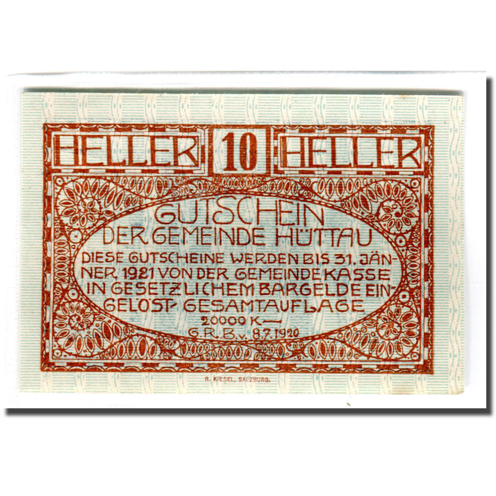 Nota, Áustria, Hüttau Sbg. Gemeinde, 10 Heller, Texte, 1920, 1920-07-08