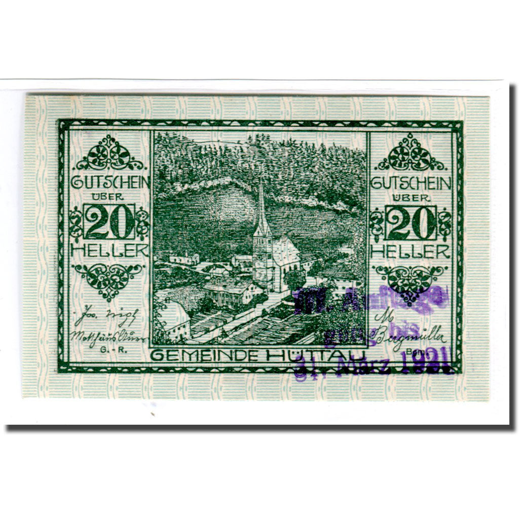 Banknote, Austria, Hüttau Sbg. Gemeinde, 20 Heller, texte 1, 1920, 1920-07-08