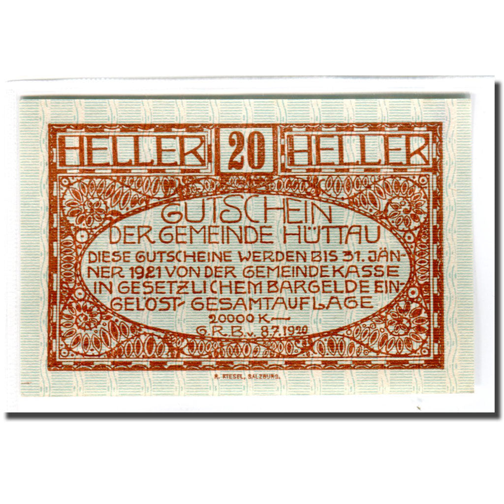 Banknote, Austria, Hüttau Sbg. Gemeinde, 20 Heller, texte 1, 1920, 1920-07-08