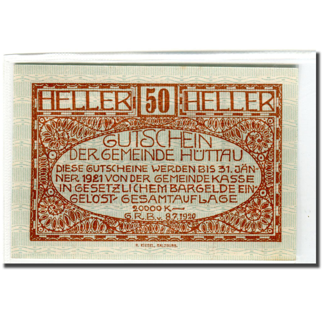 Nota, Áustria, Hüttau Sbg. Gemeinde, 50 Heller, Texte 2, 1920, 1920-07-08