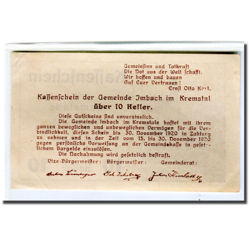 Banknote, Austria, Imbach N.Ö. Gemeinde, 10 Heller, Texte, 1920, UNC(63)