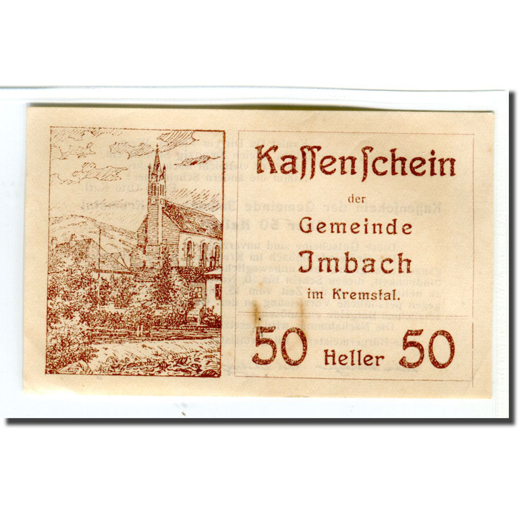 Nota, Áustria, Imbach N.Ö. Gemeinde, 50 Heller, Texte 2, 1920, UNC(63)