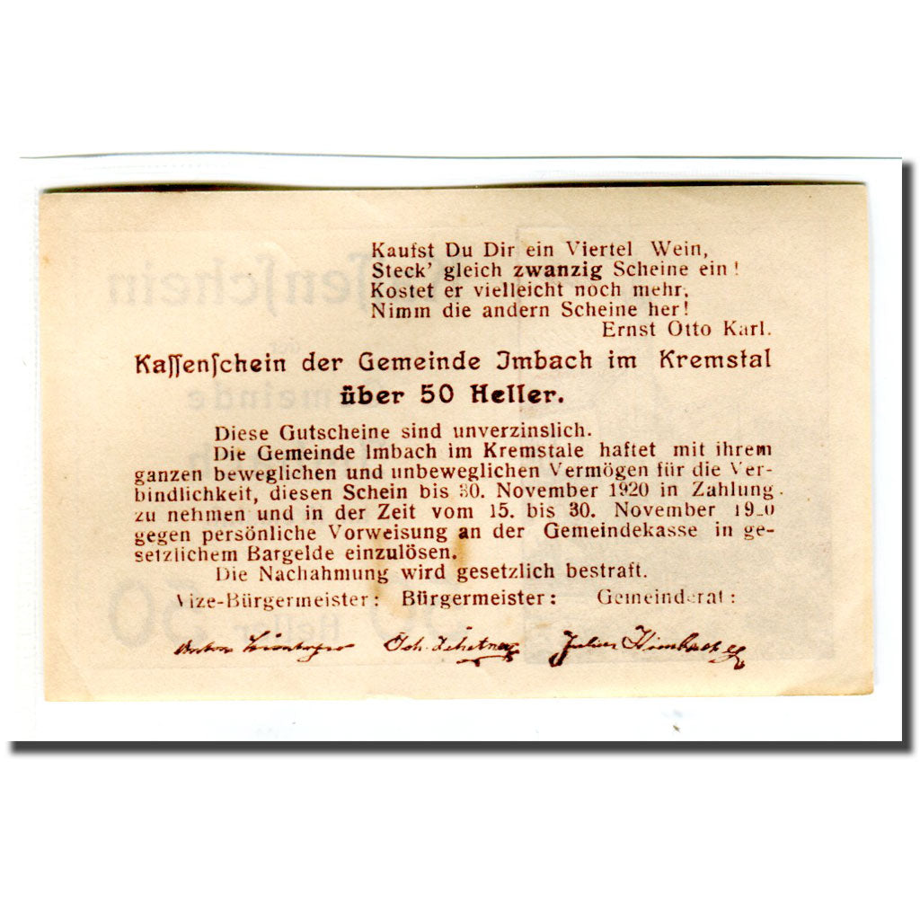 Nota, Áustria, Imbach N.Ö. Gemeinde, 50 Heller, Texte 2, 1920, UNC(63)