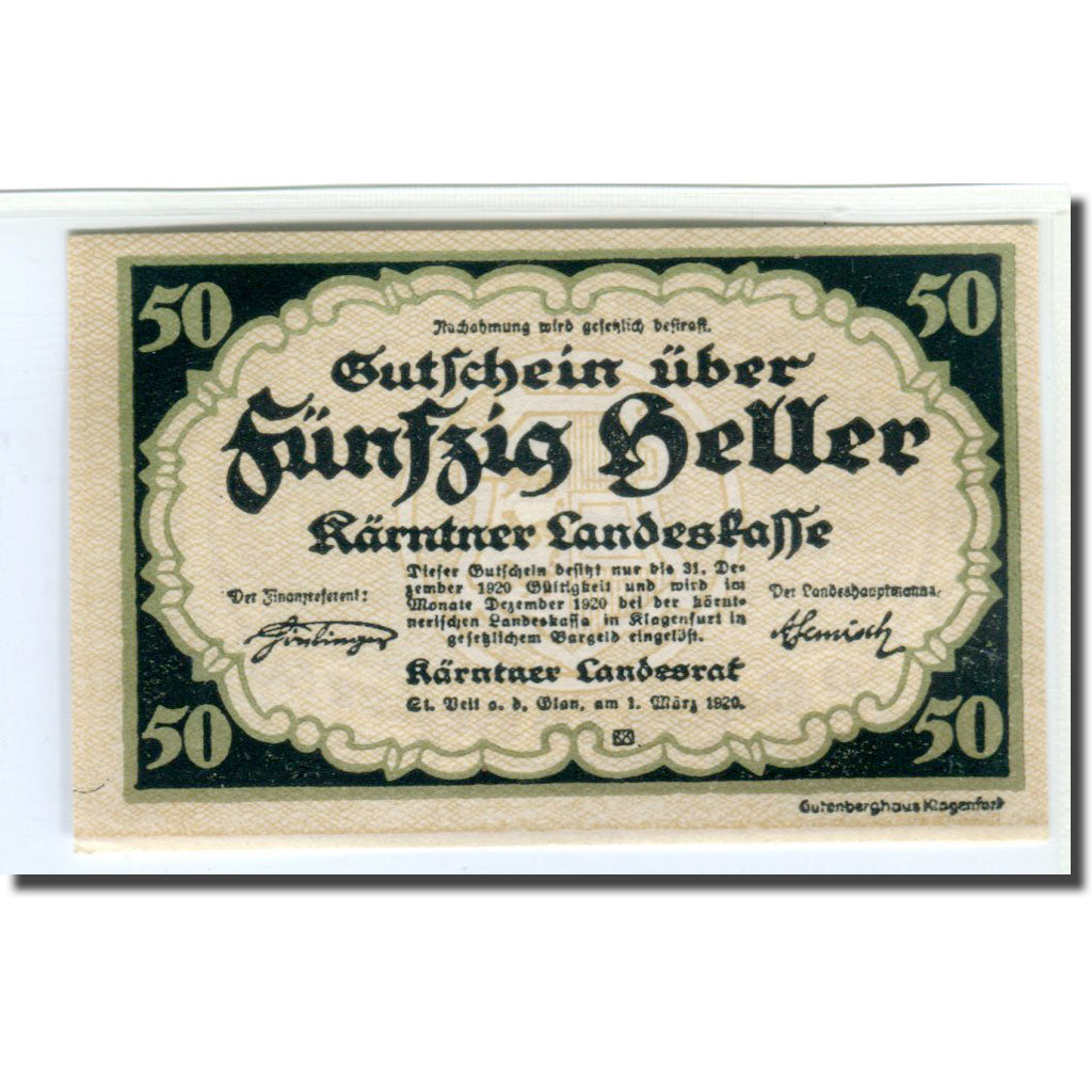 Geldschein, Österreich, Kärntner Landeskasse Kärnten Land, 50 Heller, Blason