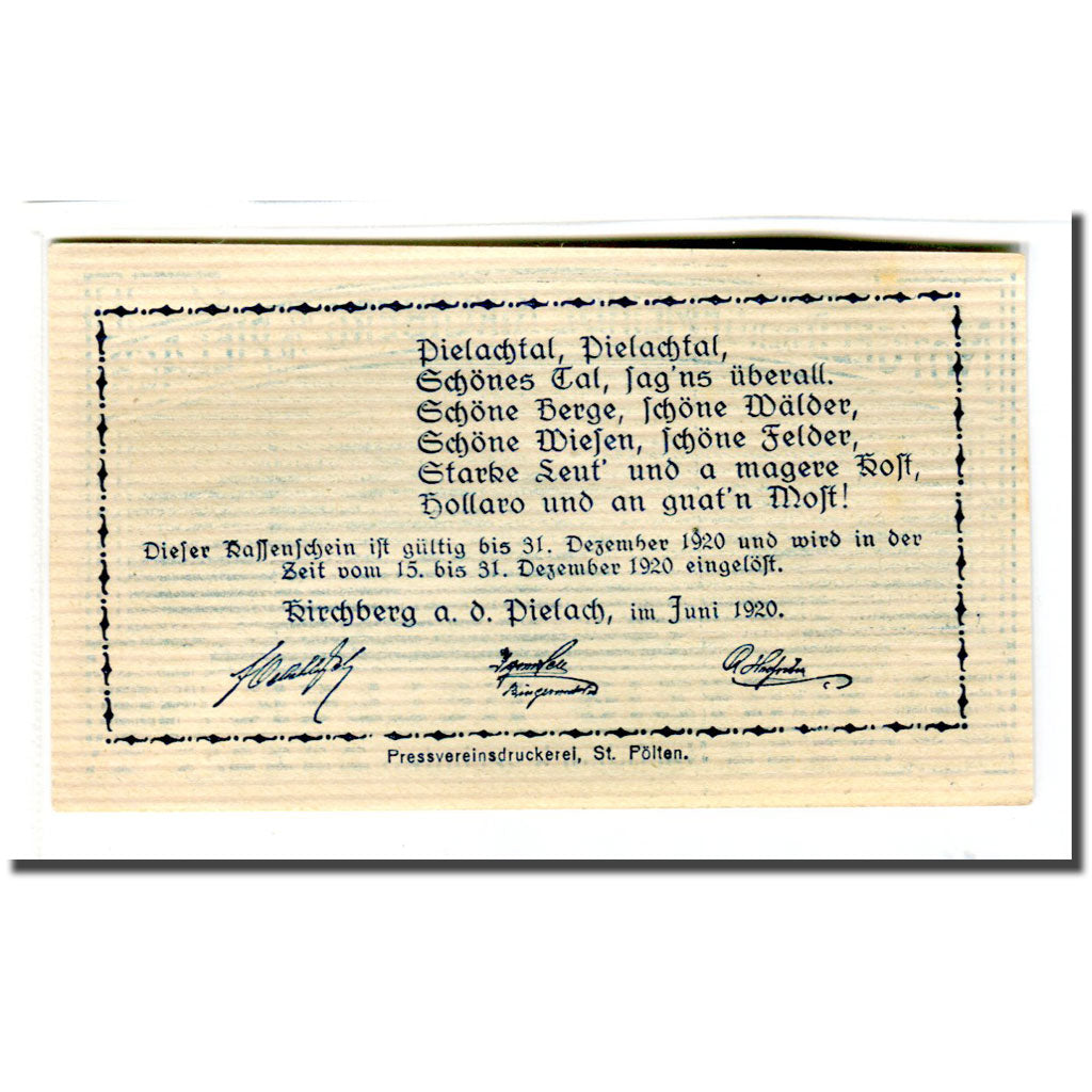 Banknote, Austria, Kirchberg, 50 Heller, Texte 2, 1920, UNC(63), Mehl:442b