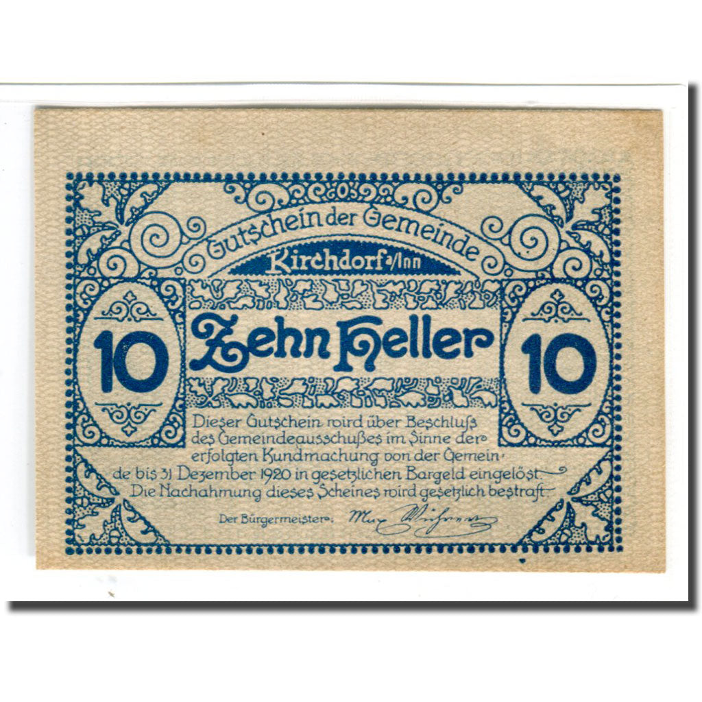 Banknote, Austria, Kirchdorf am Inn O.Ö. Gemeinde, 10 Heller, Eglise, 1920