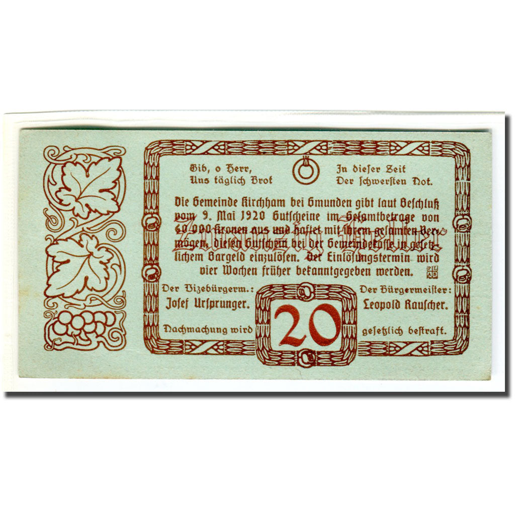 Banknot, Austria, Kirchham, 20 Heller, Texte, 1920, 1920-05-09, UNC(63)