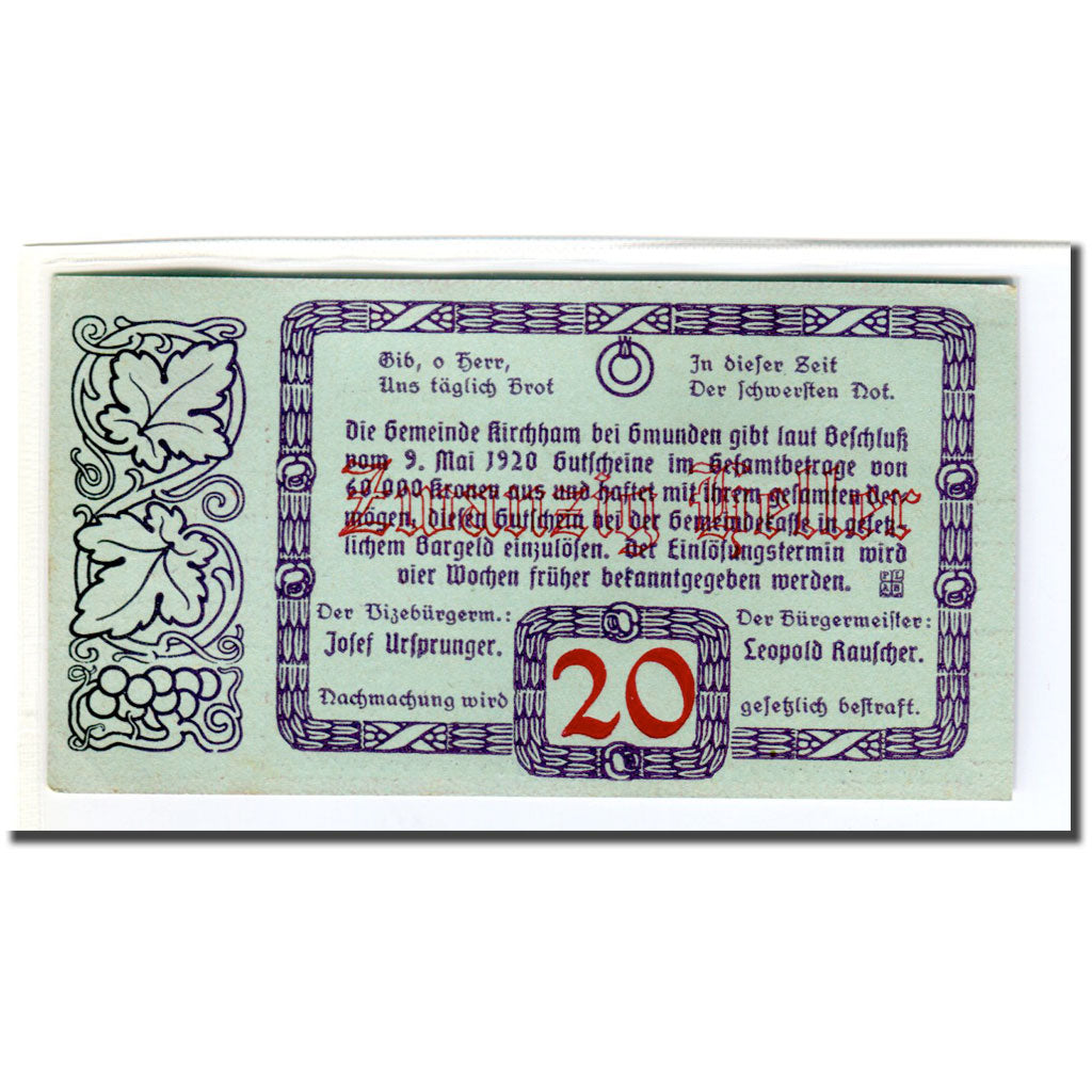 Nota, Áustria, Kirchham, 20 Heller, texte 1, 1920, 1920-05-09, UNC(63)