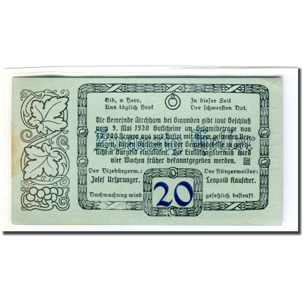 Banknote, Austria, Kirchham, 20 Heller, Texte 2, 1920, 1920-05-09, UNC(63)