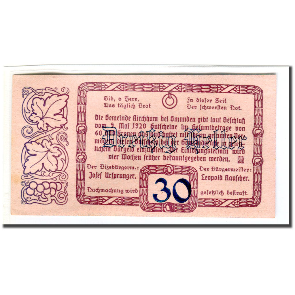 Banknote, Austria, Kirchham, 30 Heller, Texte 3, 1920, 1920-05-09, UNC(63)