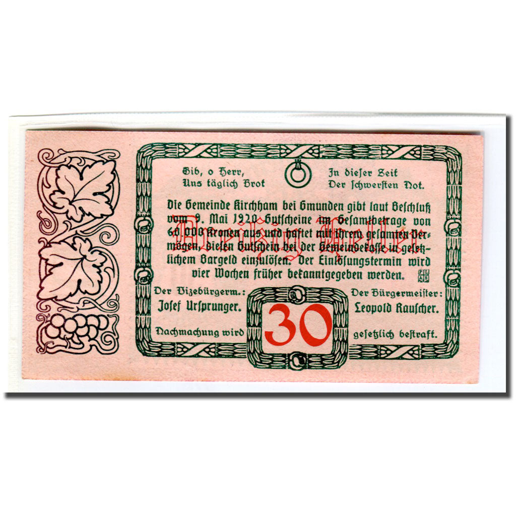 Banknote, Austria, Kirchham, 30 Heller, Texte 4, 1920, 1920-05-09, UNC(63)