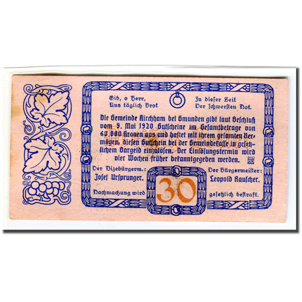 Banknote, Austria, Kirchham, 30 Heller, Texte  5, 1920, 1920-05-09, UNC(63)