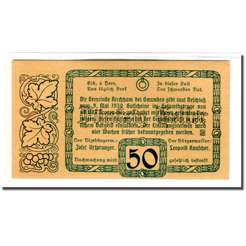 Banknote, Austria, Kirchham, 50 Heller, Texte 6, 1920, 1920-05-09, UNC(63)