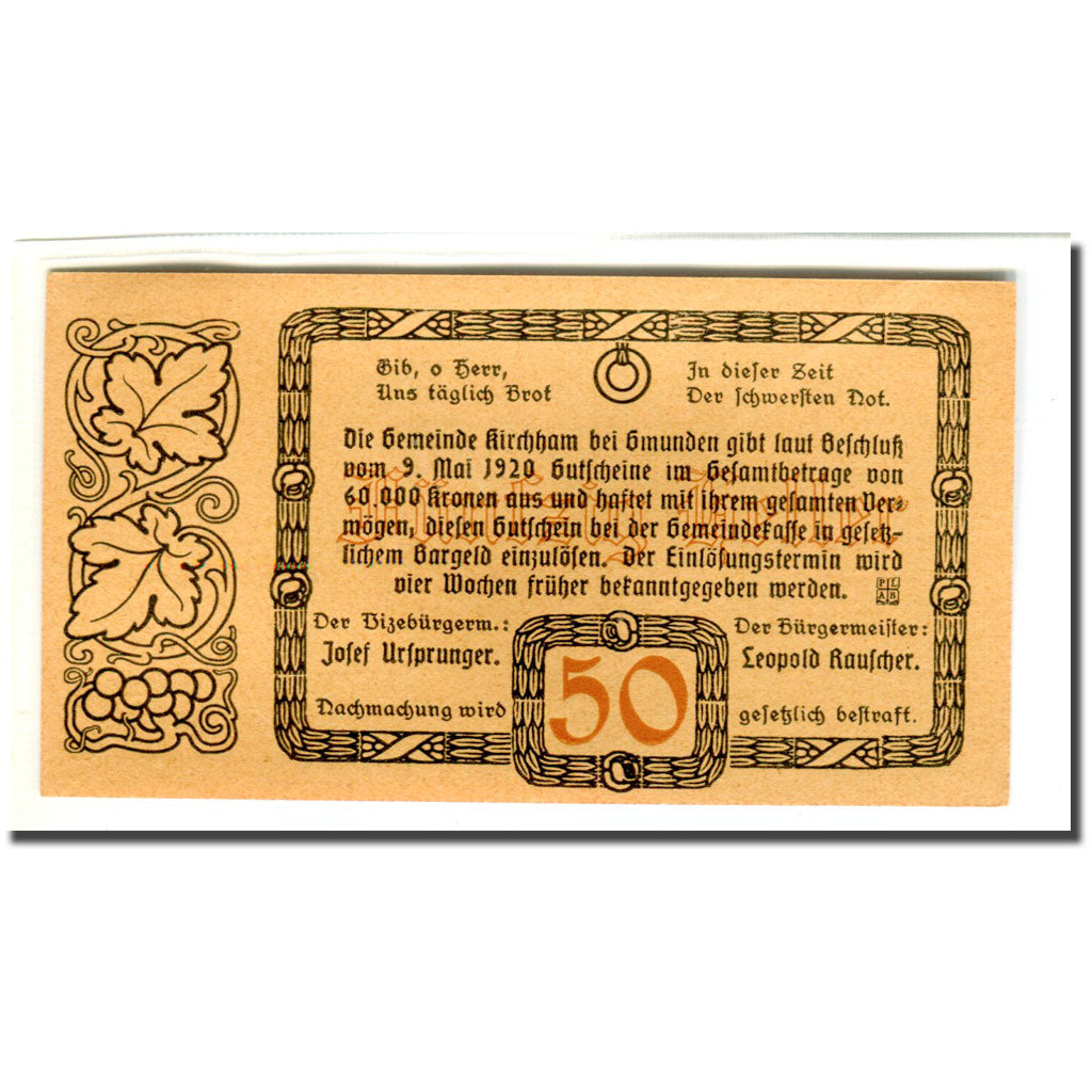 Banknote, Austria, Kirchham, 50 Heller, Texte 7, 1920, 1920-05-09, UNC(63)