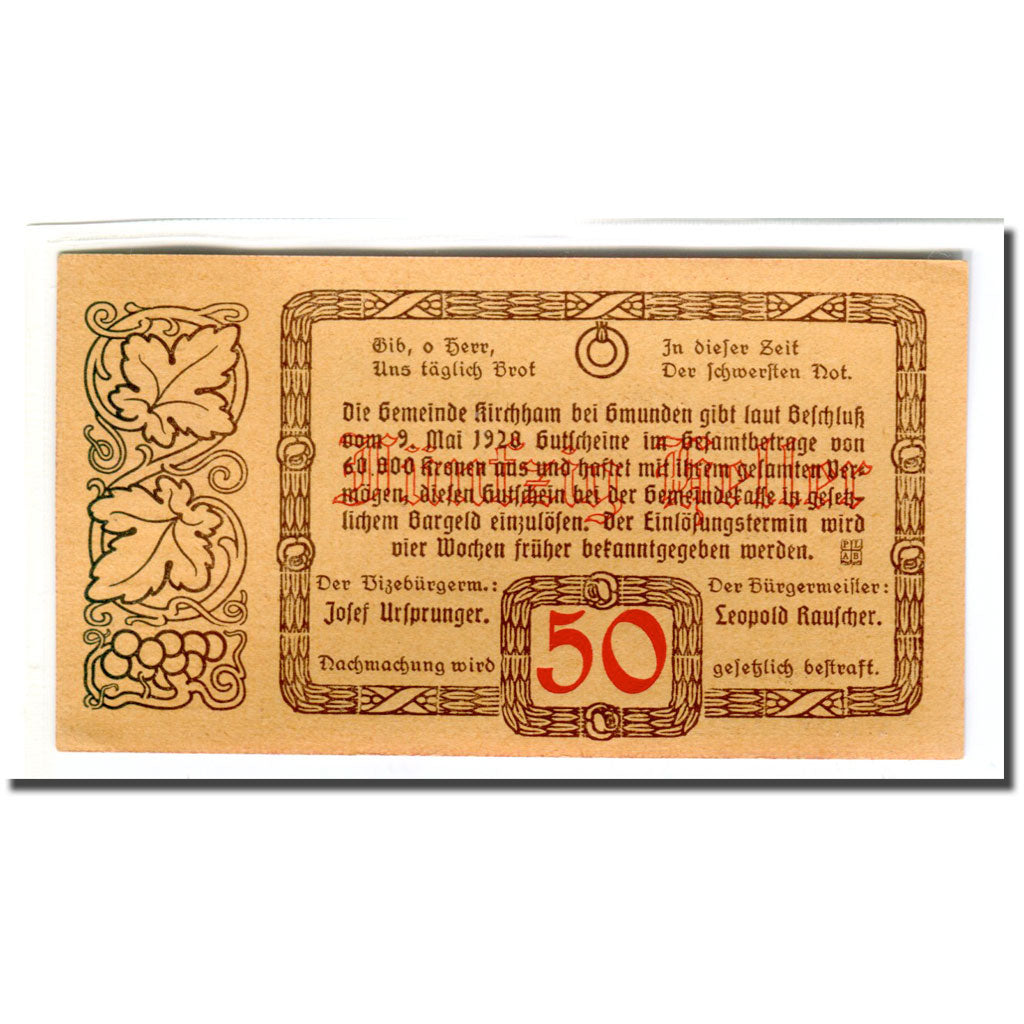 Banknote, Austria, Kirchham, 50 Heller, Texte 8, 1920, 1920-05-09, UNC(63)