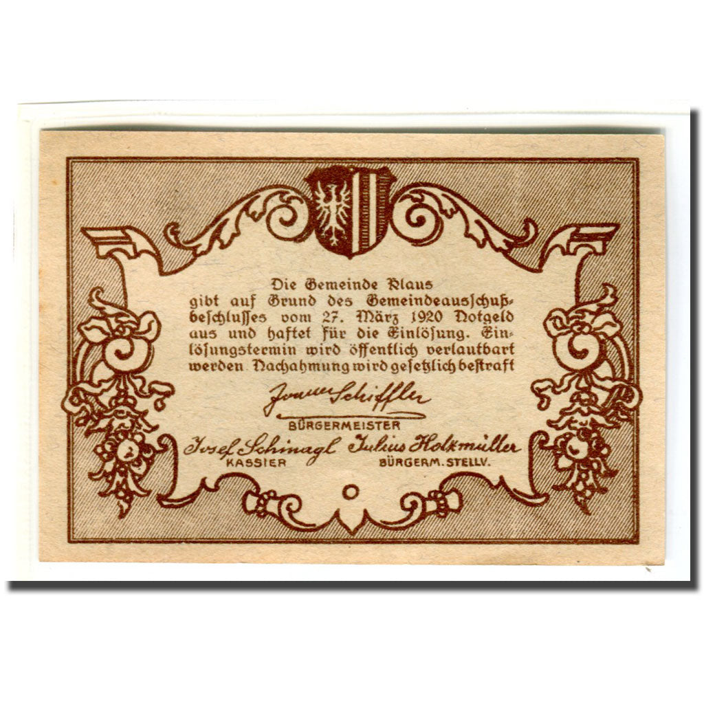Biljet, Oostenrijk, Klaus, 10 Heller, Texte, 1920, 1920-03-27, SPL, Mehl:454Ia