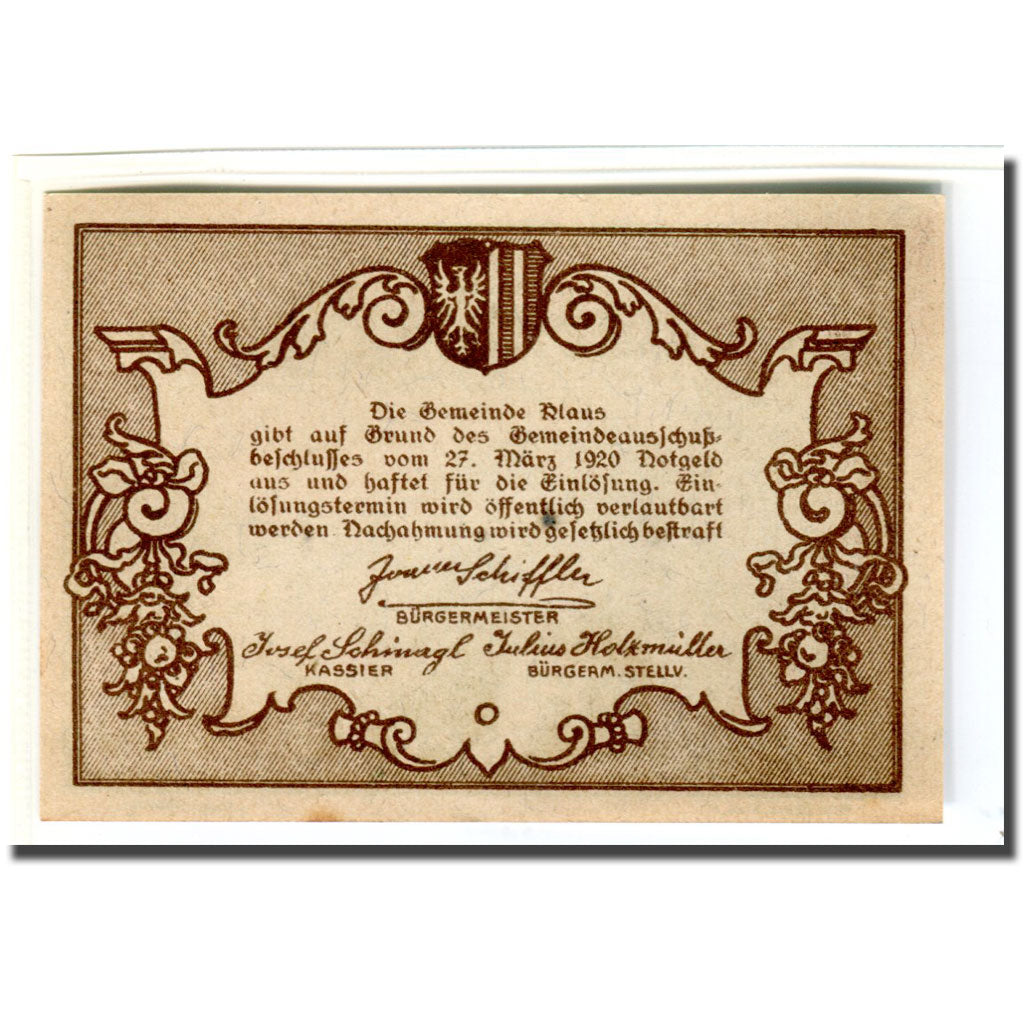 Banknote, Austria, Klaus, 50 Heller, texte 1, 1920, 1920-03-27, UNC(63)