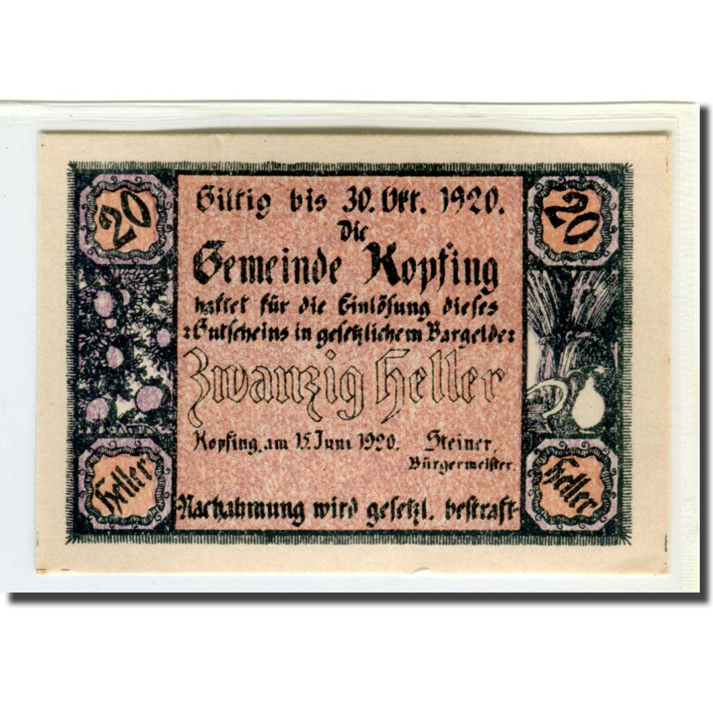 Banknote, Austria, Kopfing, 20 Heller, valeur faciale 2, 1920, 1920-06-15