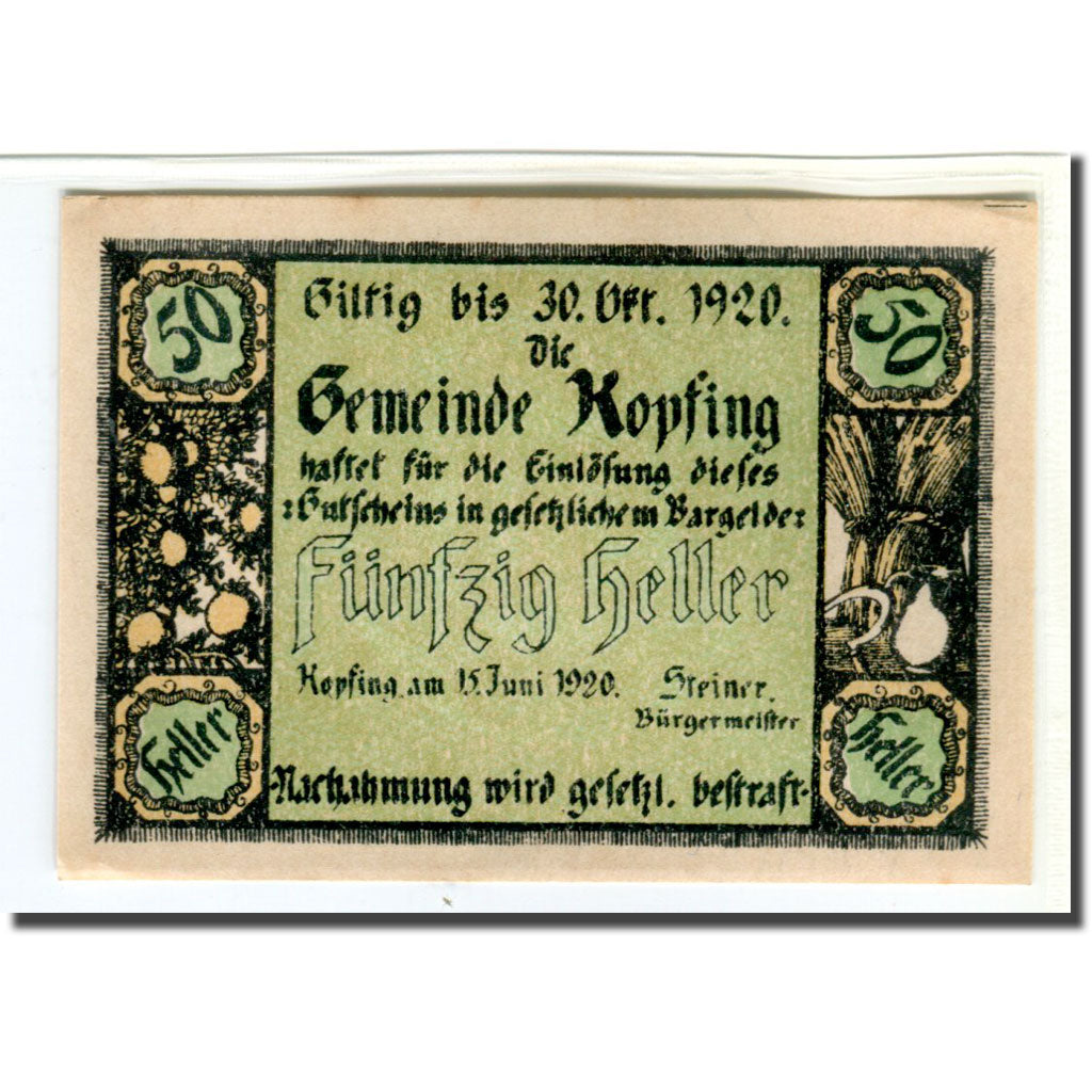Banknote, Austria, Kopfing, 50 Heller, Valeur faciale 3, 1920, 1920-06-15