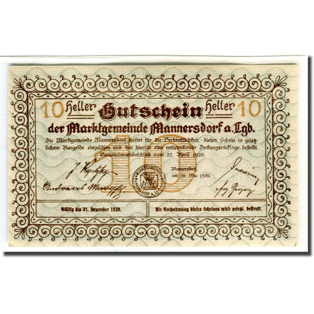 Banconote, Austria, Mannersdorf N.Ö. Marktgemeinde, 10 Heller, paysage, 1920