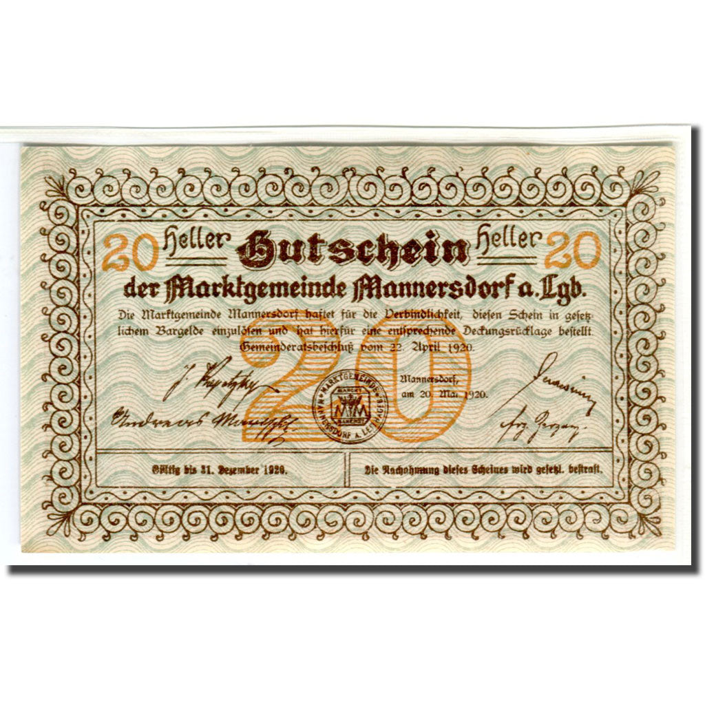 Banconote, Austria, Mannersdorf N.Ö. Marktgemeinde, 20 Heller, paysage 1, 1920