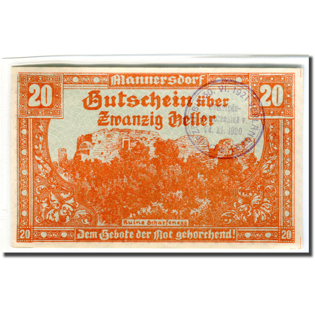 Banconote, Austria, Mannersdorf N.Ö. Marktgemeinde, 20 Heller, paysage 1, 1920