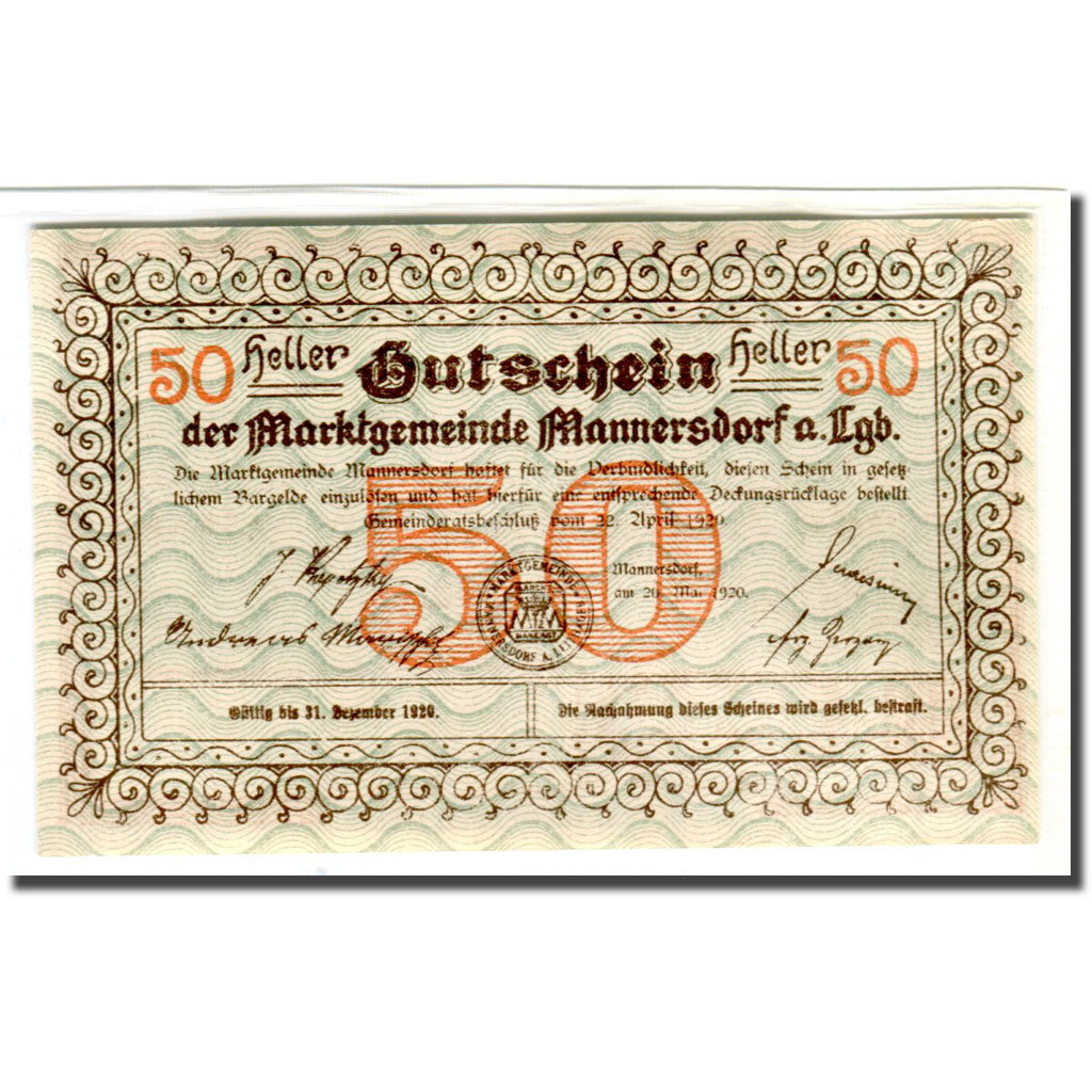 Banknote, Austria, Mannersdorf N.Ö. Marktgemeinde, 50 Heller, paysage 2, 1920