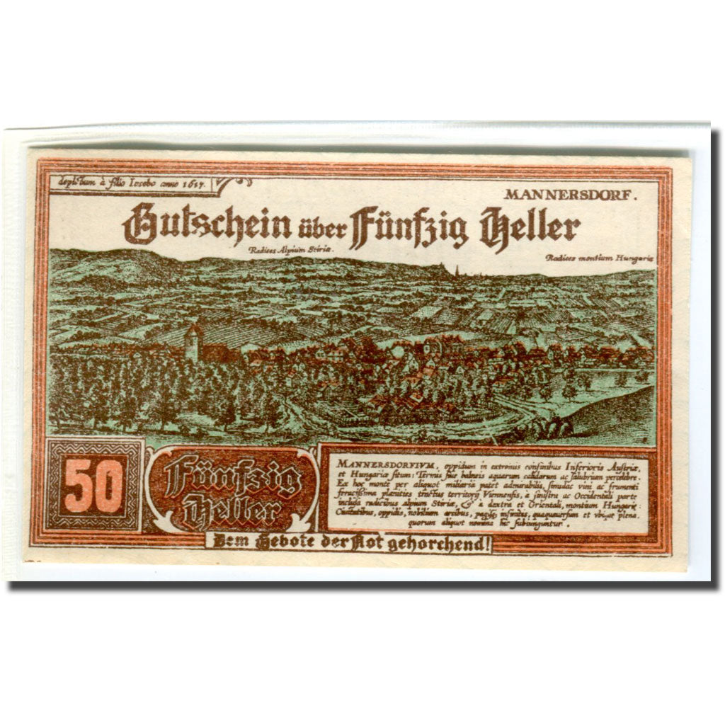 Banknote, Austria, Mannersdorf N.Ö. Marktgemeinde, 50 Heller, paysage 2, 1920