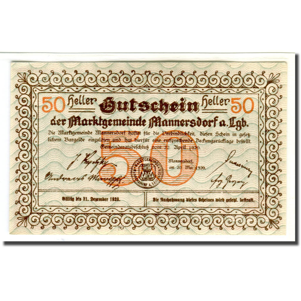 Nota, Áustria, Mannersdorf N.Ö. Marktgemeinde, 50 Heller, paysage 3, 1920