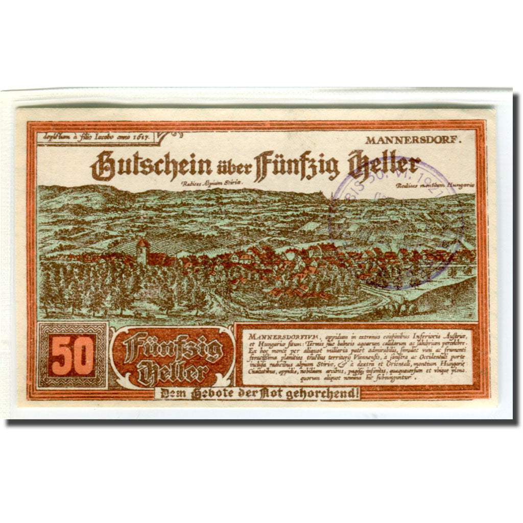 Nota, Áustria, Mannersdorf N.Ö. Marktgemeinde, 50 Heller, paysage 3, 1920