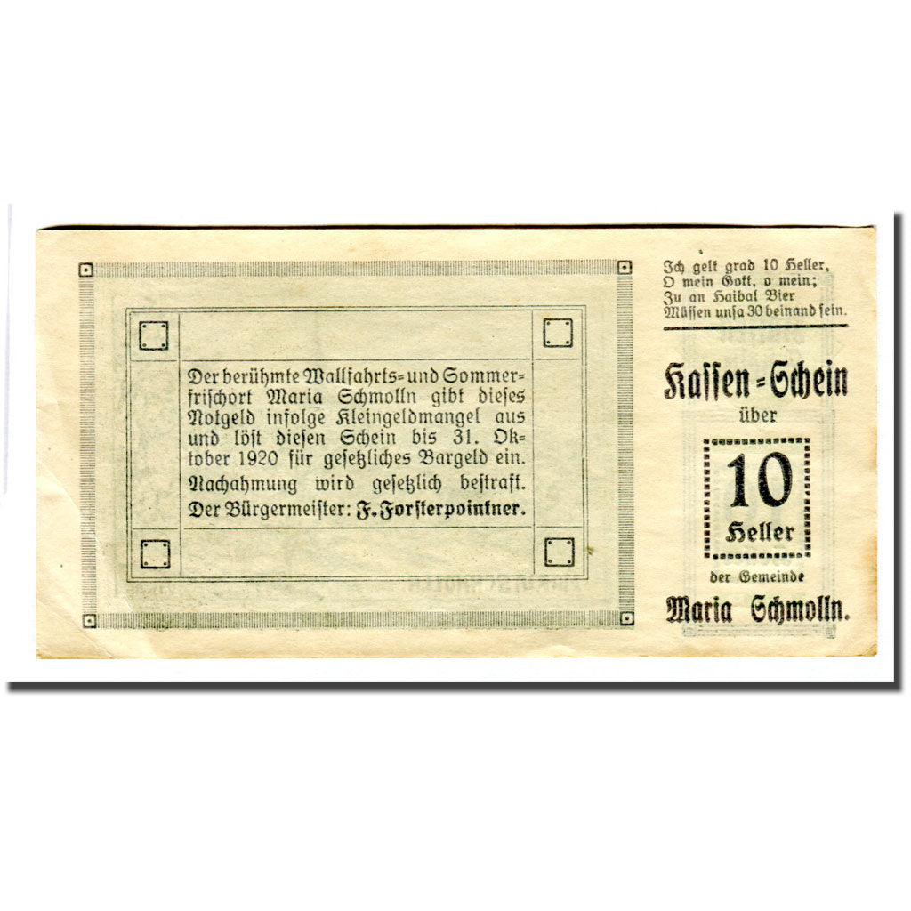 Banknote, Austria, Maria Schmolln O.Ö. Gemeinde, 10 Heller, Texte, 1920