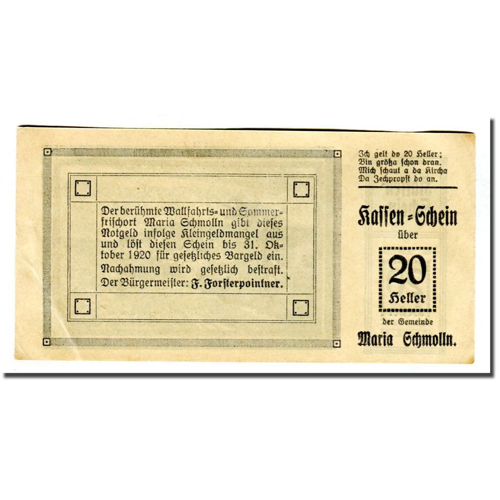 Banknote, Austria, Maria Schmolln O.Ö. Gemeinde, 20 Heller, texte 1, 1920