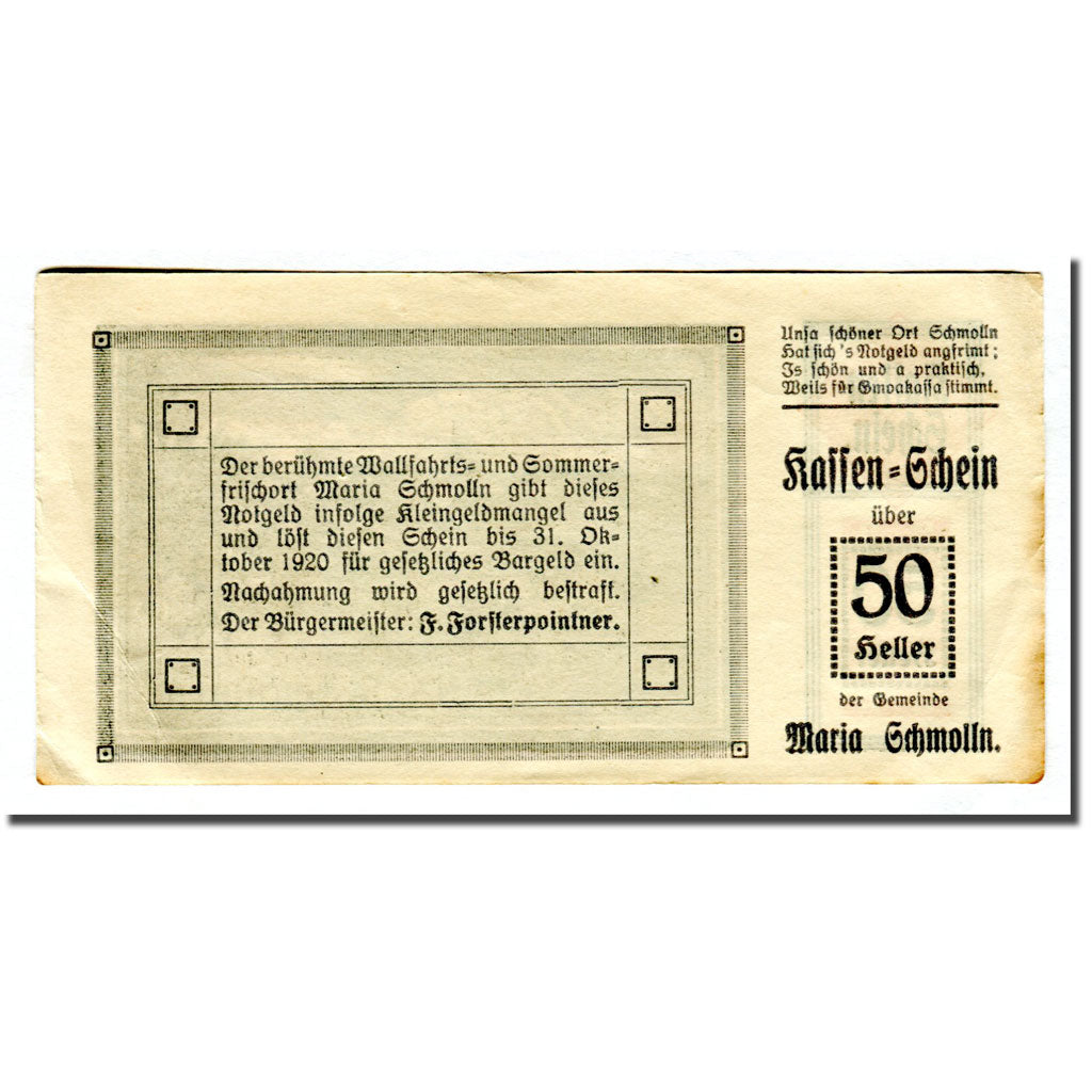 Banconote, Austria, Maria Schmolln O.Ö. Gemeinde, 50 Heller, Texte 2, 1920
