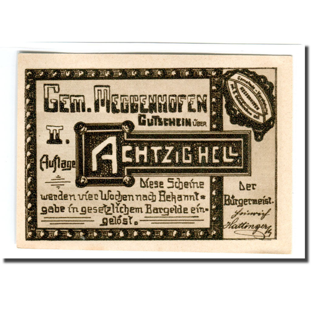 Banconote, Austria, Meggenhofen, 80 Heller, personnage, SPL, Mehl:603IIb