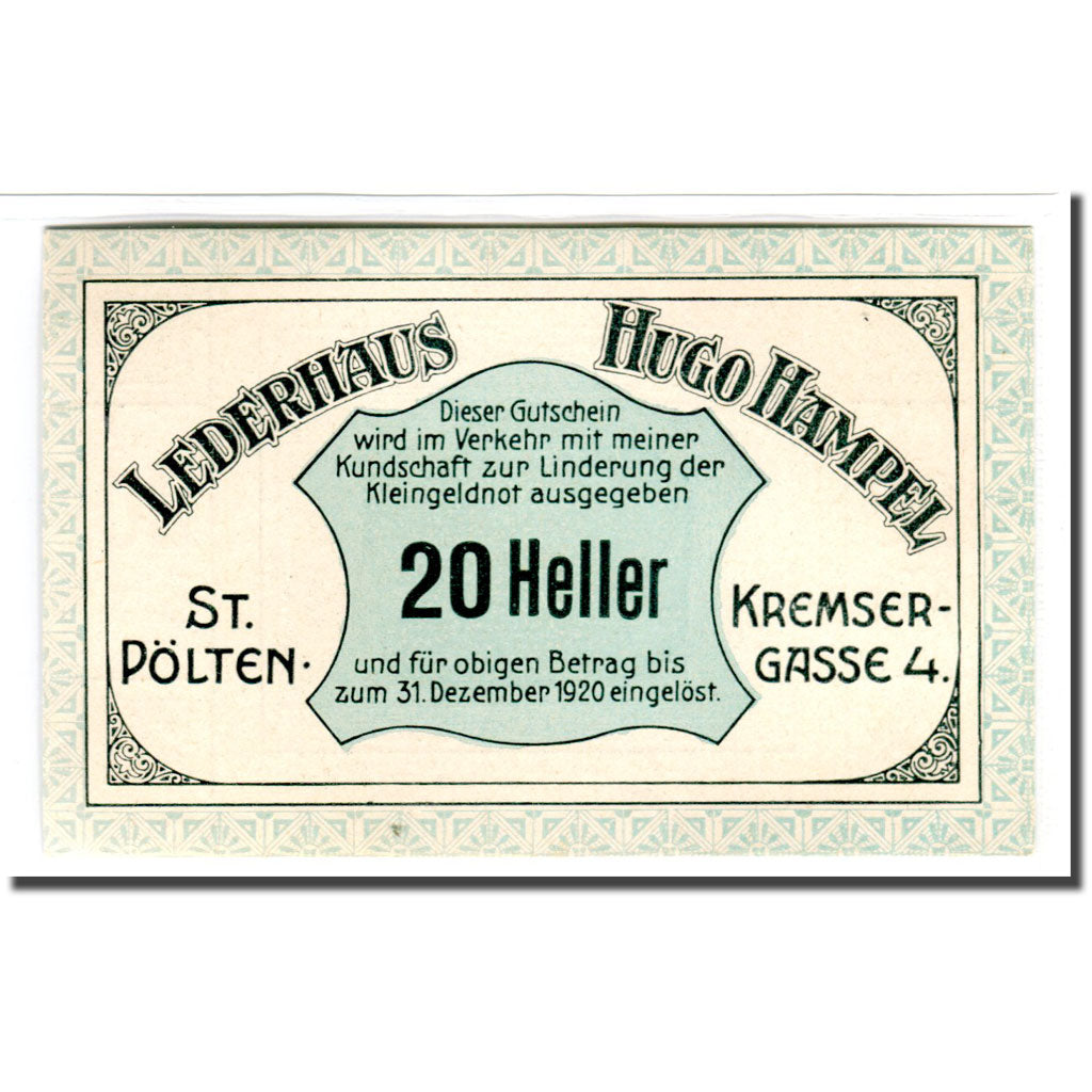 Banknote, Austria, Sankt Polten, 20 Heller, Vitrine 1, 1920, 1920-08-31