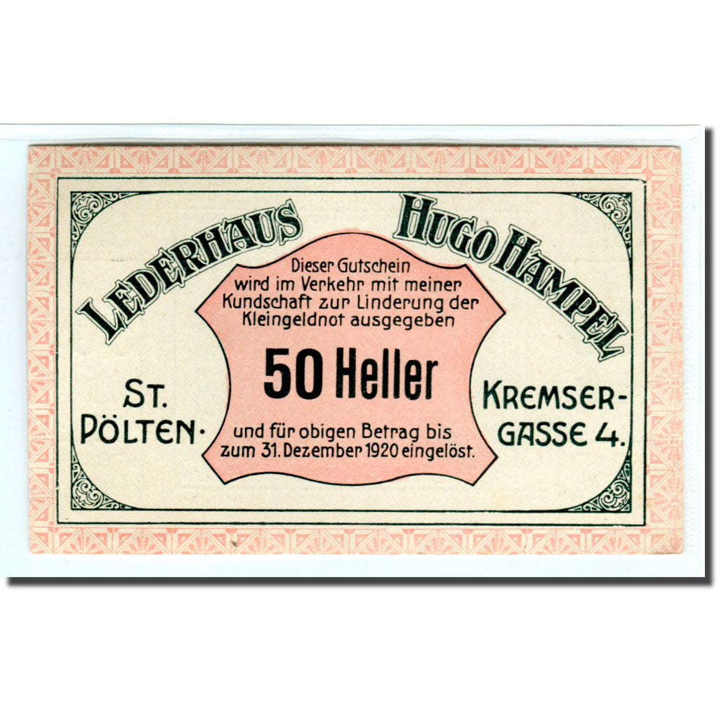 Banknote, Austria, Sankt Polten, 50 Heller, Vitrine 2, 1920, 1920-08-31