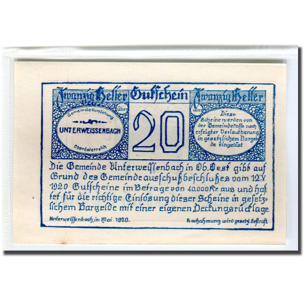 Banknote, Austria, Unterweissenbach O.Ö. Gemeinde, 20 Heller, valeur faciale