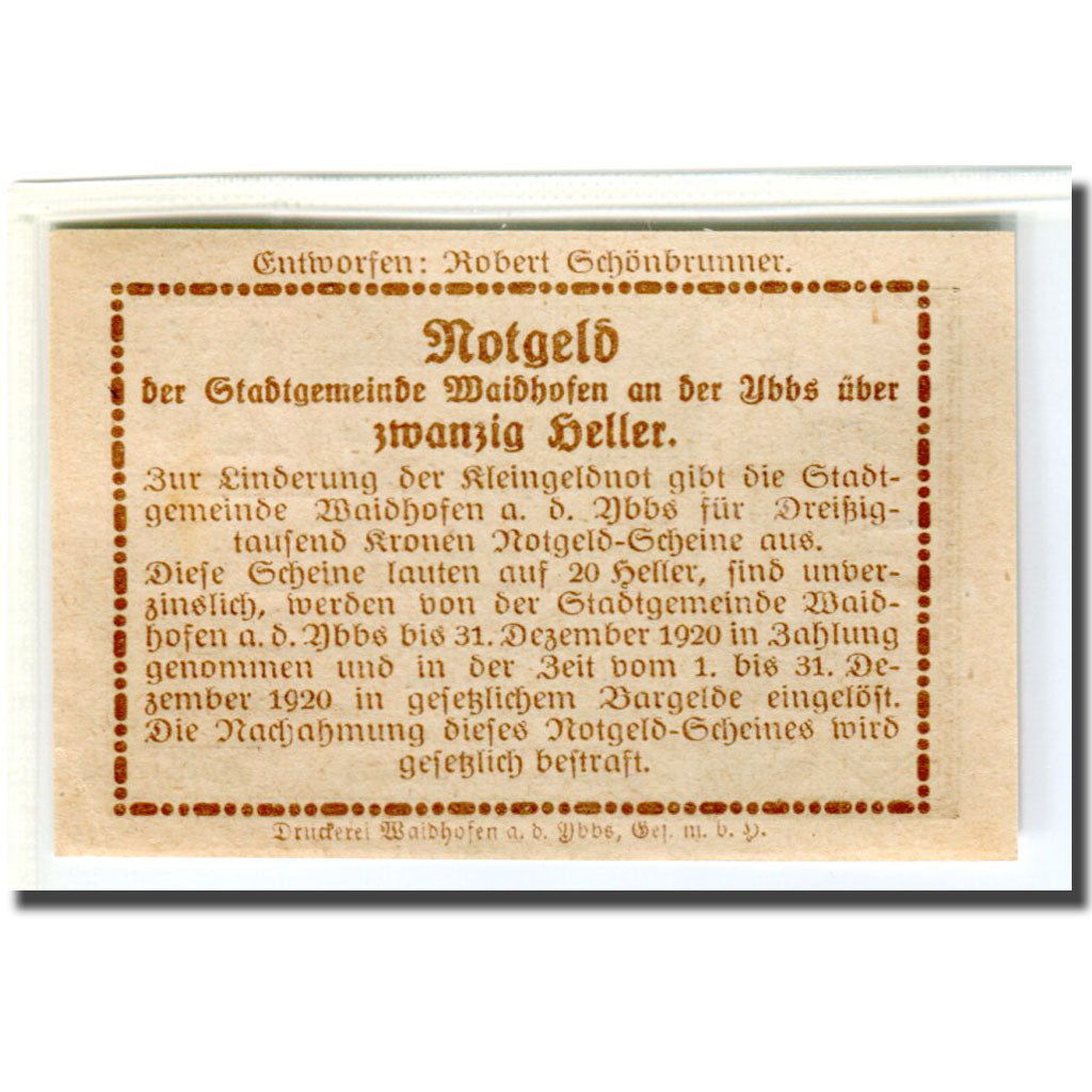 Banknote, Austria, Waidhofen an der Ybbs, 20 Heller, Texte, 1920, 1920-02-01