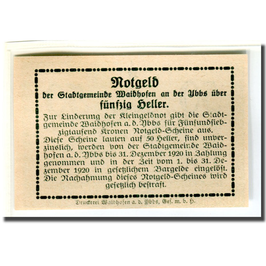 Banknote, Austria, Waidhofen an der Ybbs, 50 Heller, texte 1, 1920, 1920-02-01