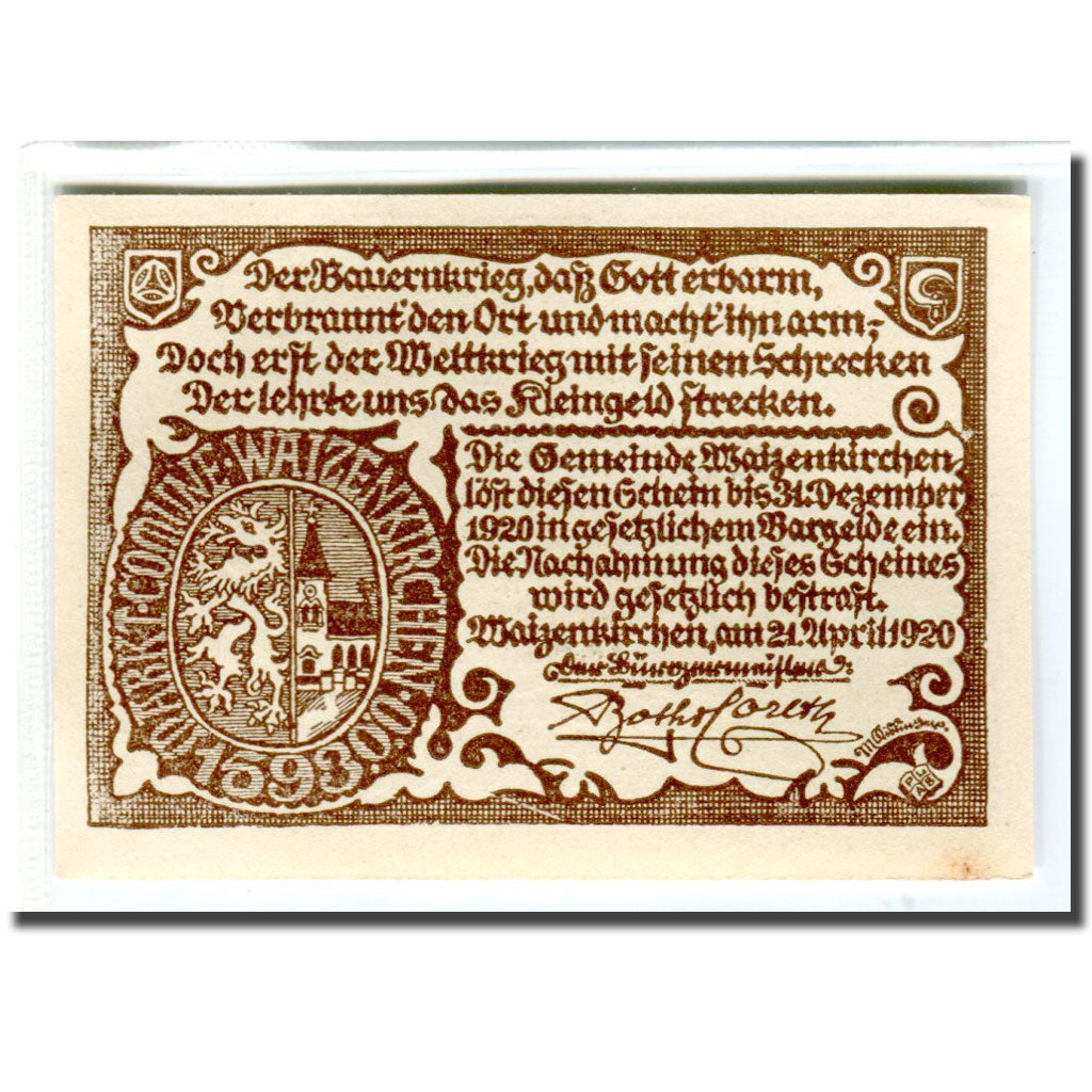 Nota, Áustria, Waizenkirchen, 10 Heller, Texte, 1920, 1920-04-21, UNC(63)