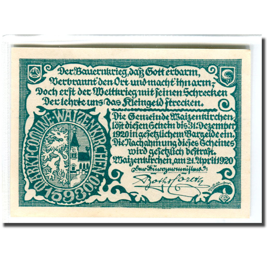 Banknote, Austria, Waizenkirchen, 20 Heller, texte 1, 1920, 1920-04-21, UNC(63)