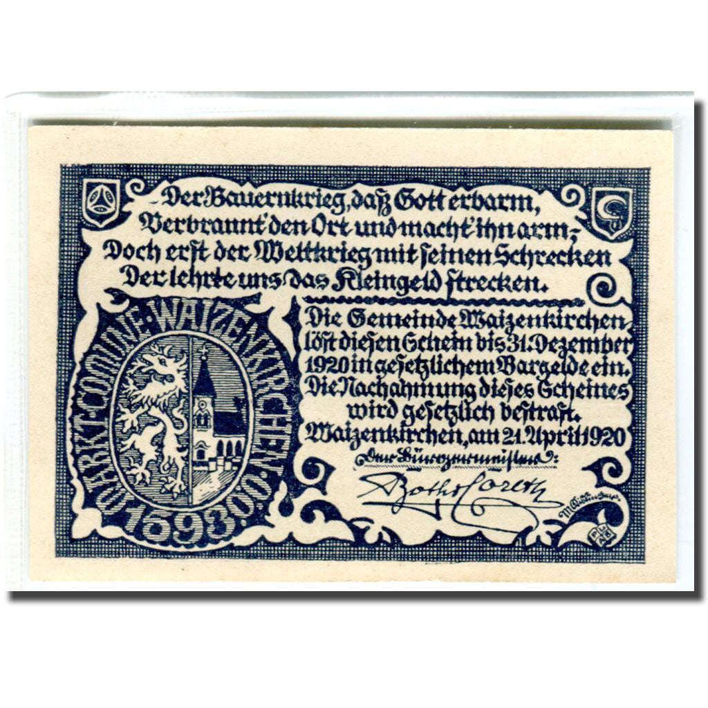 Banknote, Austria, Waizenkirchen, 50 Heller, Texte 2, 1920, 1920-04-21, UNC(63)
