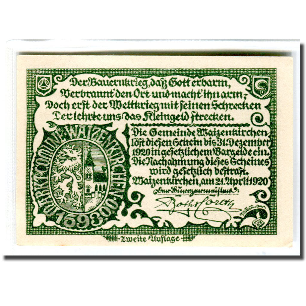 Nota, Áustria, Waizenkirchen, 10 Heller, Texte 3, 1920, 1920-04-21, UNC(63)