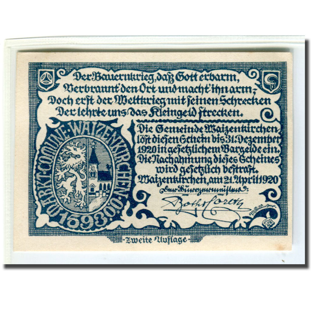 Banknote, Austria, Waizenkirchen, 20 Heller, Texte 4, 1920, 1920-04-21, UNC(63)