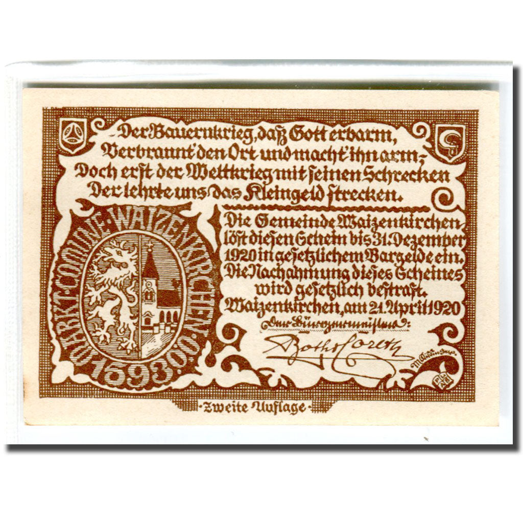 Banknote, Austria, Waizenkirchen, 50 Heller, Texte  5, 1920, 1920-04-21